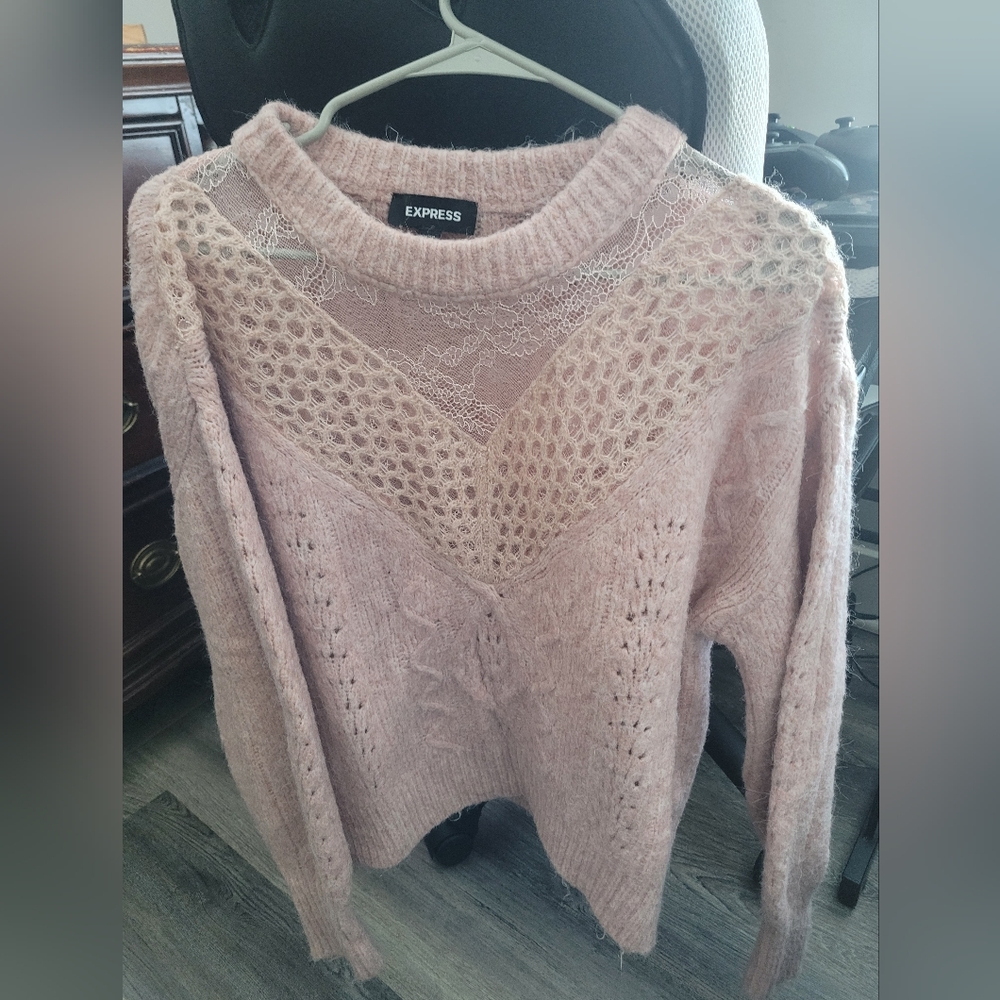 Express Pink Textured Knit Crew Neck Sweater